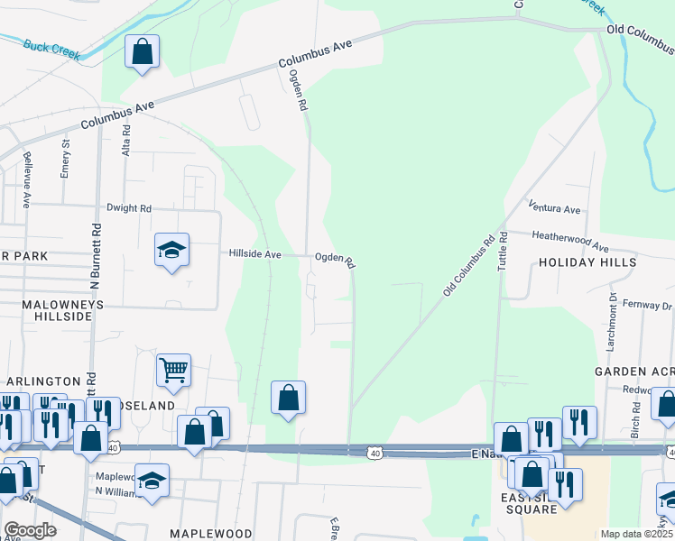 map of restaurants, bars, coffee shops, grocery stores, and more near 427 Ogden Road in Springfield