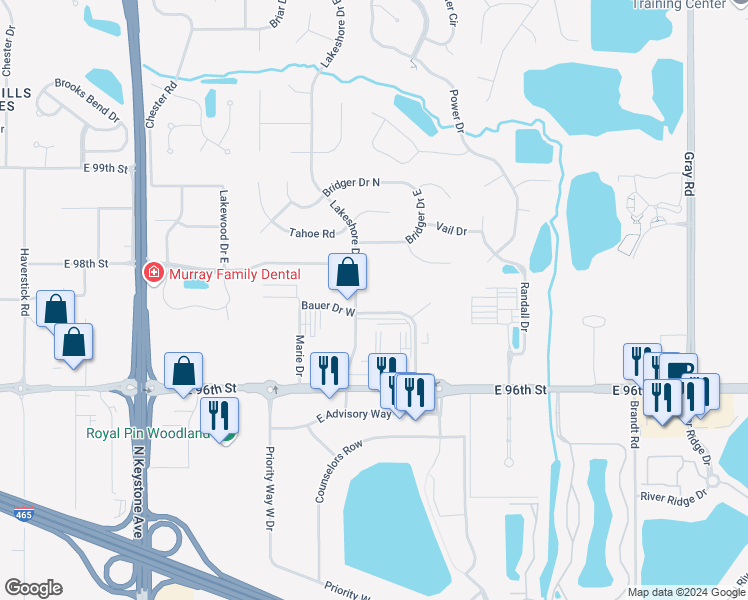 map of restaurants, bars, coffee shops, grocery stores, and more near 9730 Lakeshore Drive East in Indianapolis