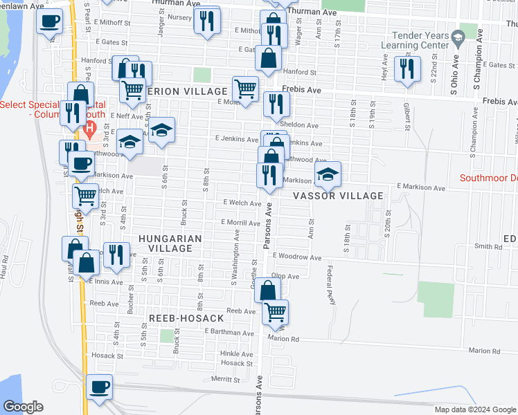 map of restaurants, bars, coffee shops, grocery stores, and more near 411 East Welch Avenue in Columbus