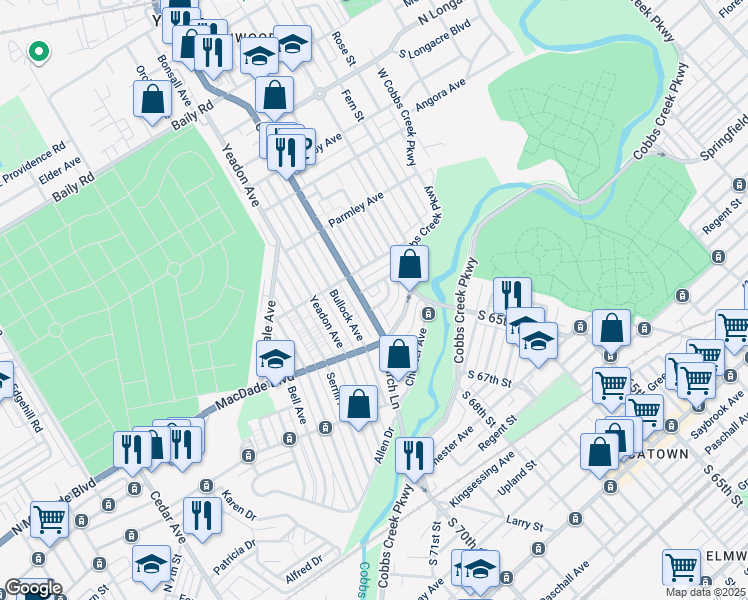 map of restaurants, bars, coffee shops, grocery stores, and more near 801 Rader Avenue in Yeadon