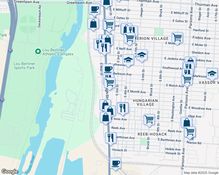 map of restaurants, bars, coffee shops, grocery stores, and more near 1570 South High Street in Columbus