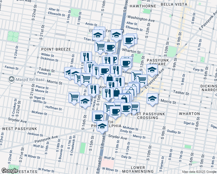 map of restaurants, bars, coffee shops, grocery stores, and more near 1633 South Rosewood Street in Philadelphia