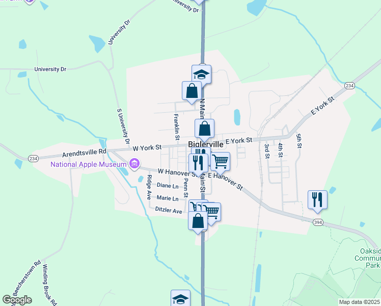 map of restaurants, bars, coffee shops, grocery stores, and more near 14 Penn Street in Biglerville