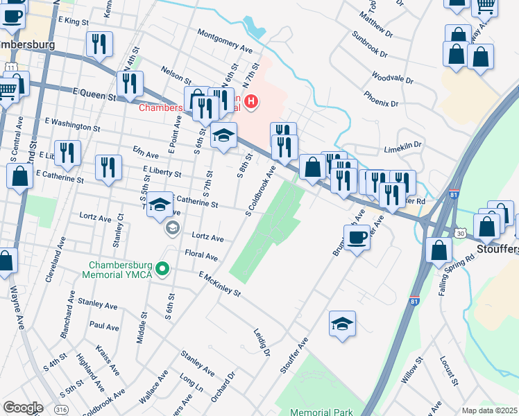 map of restaurants, bars, coffee shops, grocery stores, and more near 234 South Coldbrook Avenue in Chambersburg