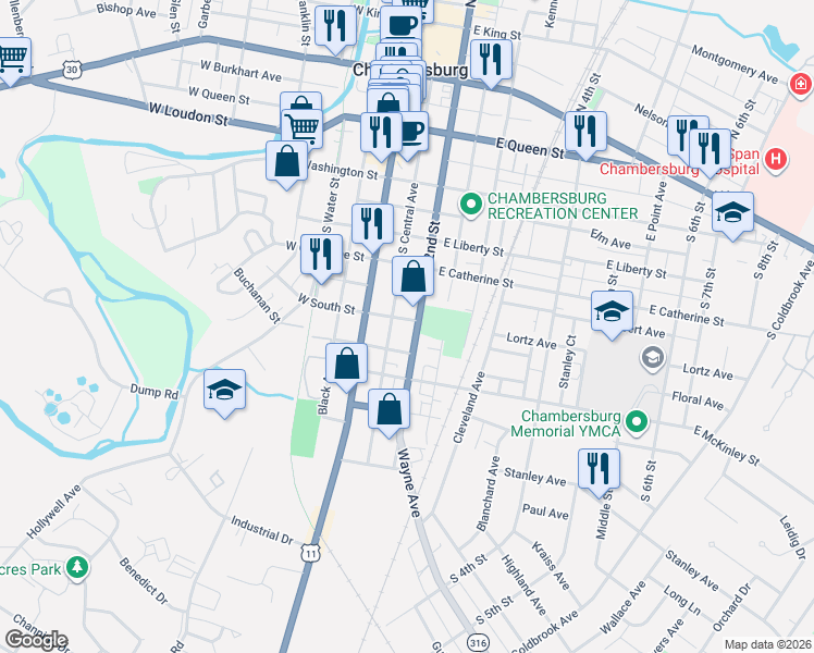map of restaurants, bars, coffee shops, grocery stores, and more near 505 South 2nd Street in Chambersburg