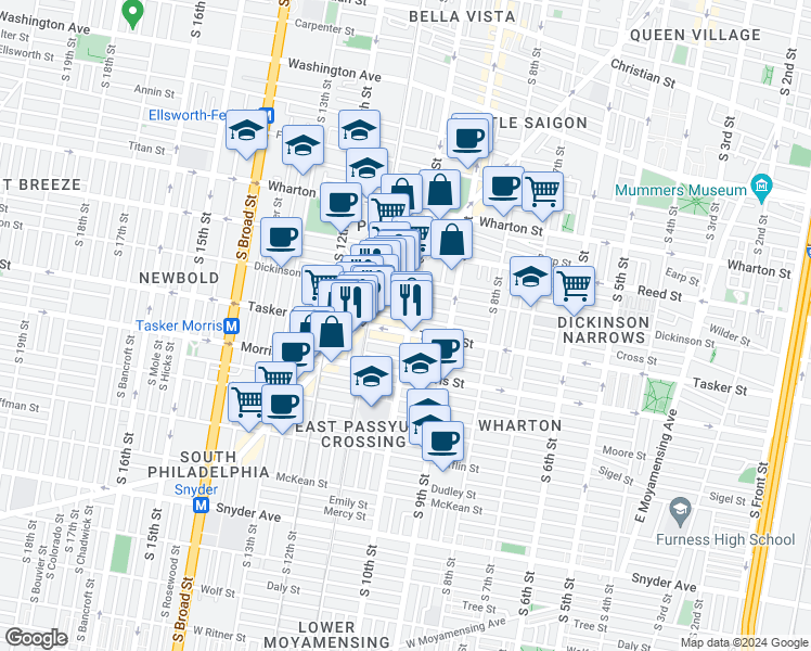 map of restaurants, bars, coffee shops, grocery stores, and more near 1532 South 10th Street in Philadelphia