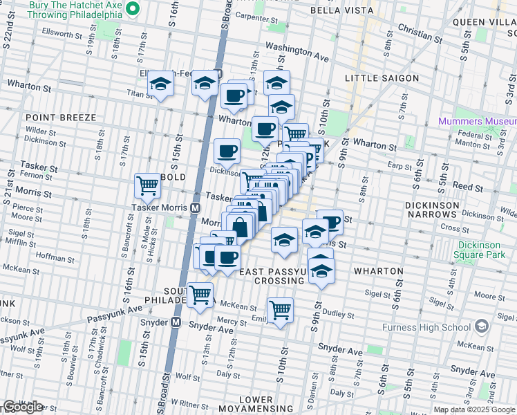map of restaurants, bars, coffee shops, grocery stores, and more near 1142 Tasker Street in Philadelphia