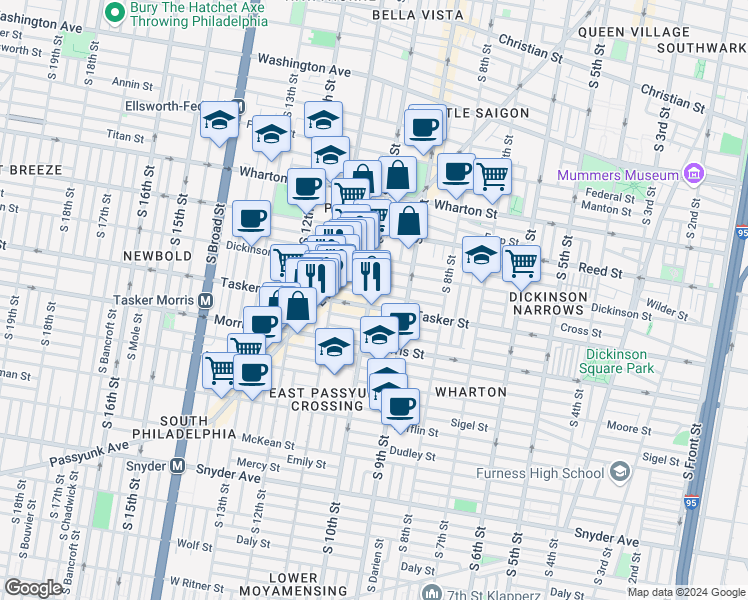 map of restaurants, bars, coffee shops, grocery stores, and more near 1529 South 10th Street in Philadelphia