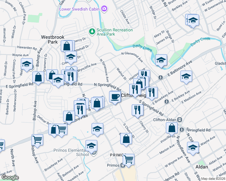 map of restaurants, bars, coffee shops, grocery stores, and more near 66 North Sycamore Avenue in Clifton Heights