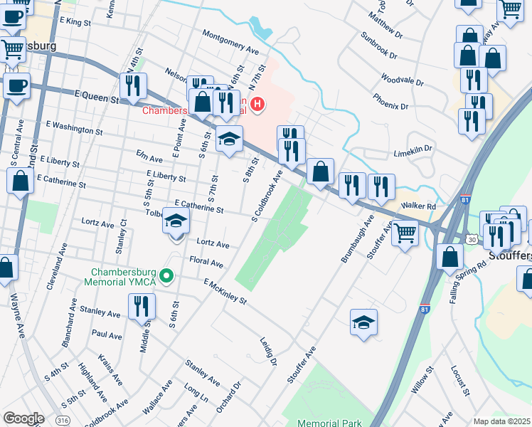 map of restaurants, bars, coffee shops, grocery stores, and more near 234 South Coldbrook Avenue in Chambersburg
