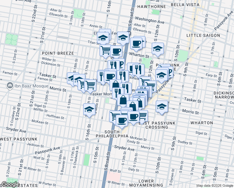 map of restaurants, bars, coffee shops, grocery stores, and more near in Philadelphia