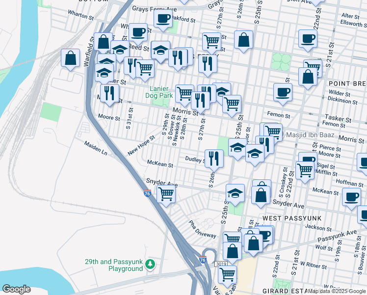 map of restaurants, bars, coffee shops, grocery stores, and more near 1841 South 28th Street in Philadelphia
