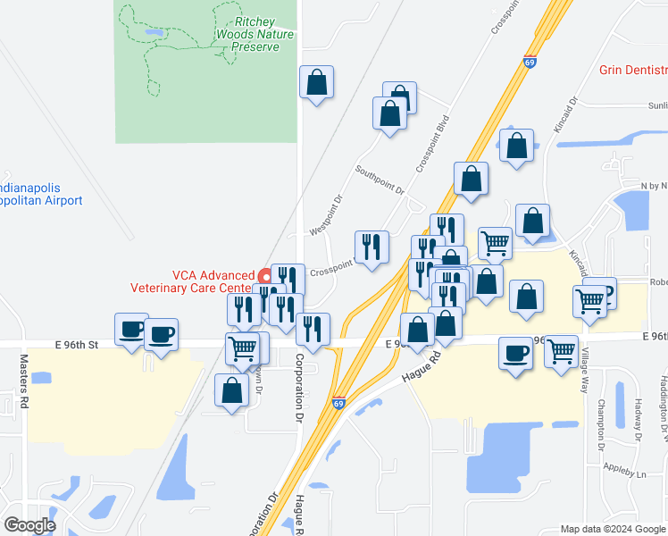 map of restaurants, bars, coffee shops, grocery stores, and more near 9760 Crosspoint Boulevard in Indianapolis