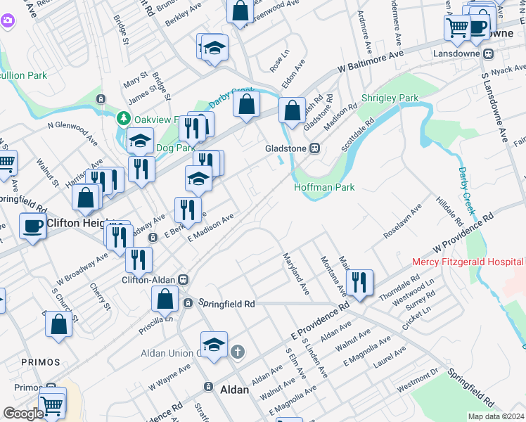map of restaurants, bars, coffee shops, grocery stores, and more near 211 East Maryland Avenue in Aldan