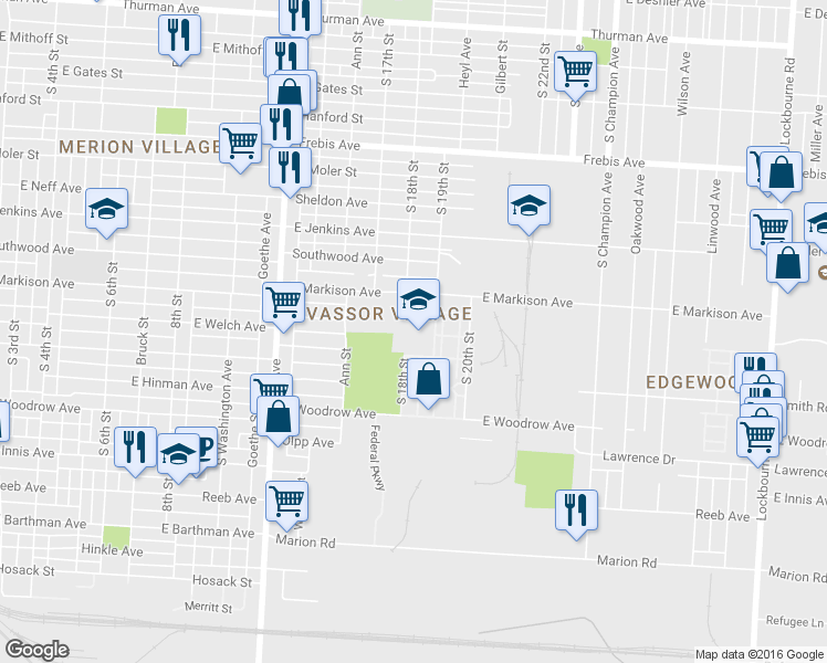 map of restaurants, bars, coffee shops, grocery stores, and more near 1666 South 18th Street in Columbus