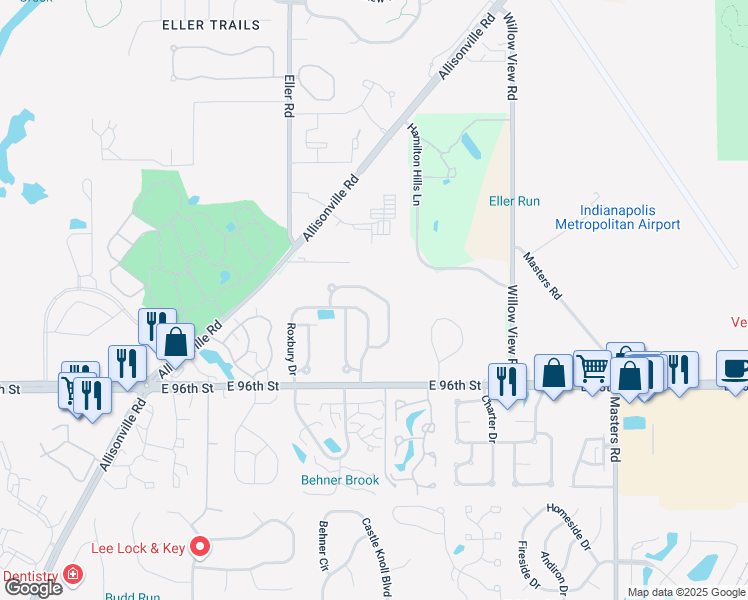 map of restaurants, bars, coffee shops, grocery stores, and more near 9804 River oak Lane North in Fishers