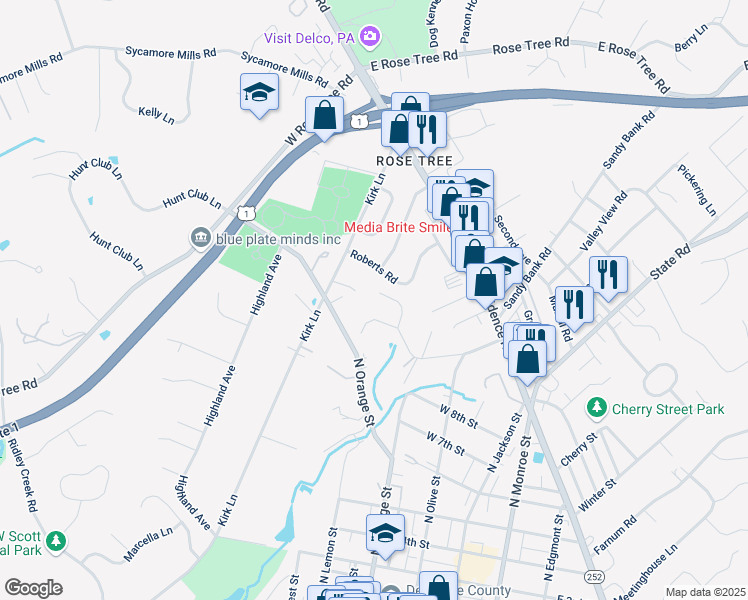 map of restaurants, bars, coffee shops, grocery stores, and more near 118 Woodview Lane in Media