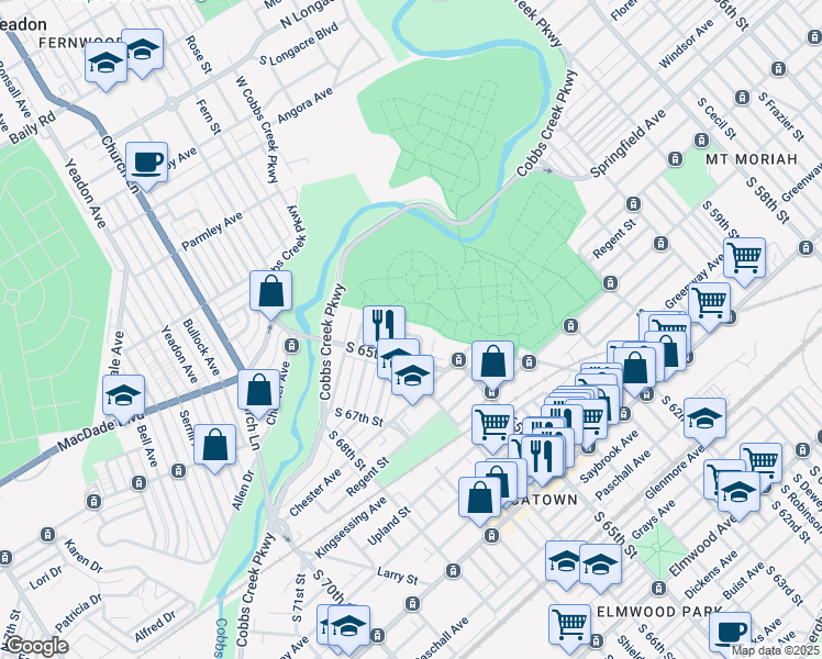 map of restaurants, bars, coffee shops, grocery stores, and more near 1763 South Avondale Street in Philadelphia