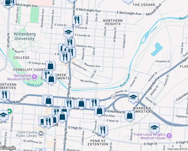 map of restaurants, bars, coffee shops, grocery stores, and more near 503 Chestnut Avenue in Springfield