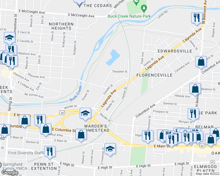 map of restaurants, bars, coffee shops, grocery stores, and more near 932 Sherman Avenue in Springfield