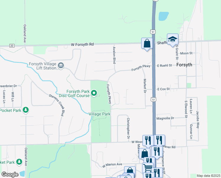 map of restaurants, bars, coffee shops, grocery stores, and more near 455 Park Place Court in Forsyth