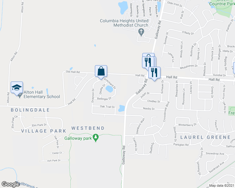 map of restaurants, bars, coffee shops, grocery stores, and more near 6176 Pritchard Drive in Galloway
