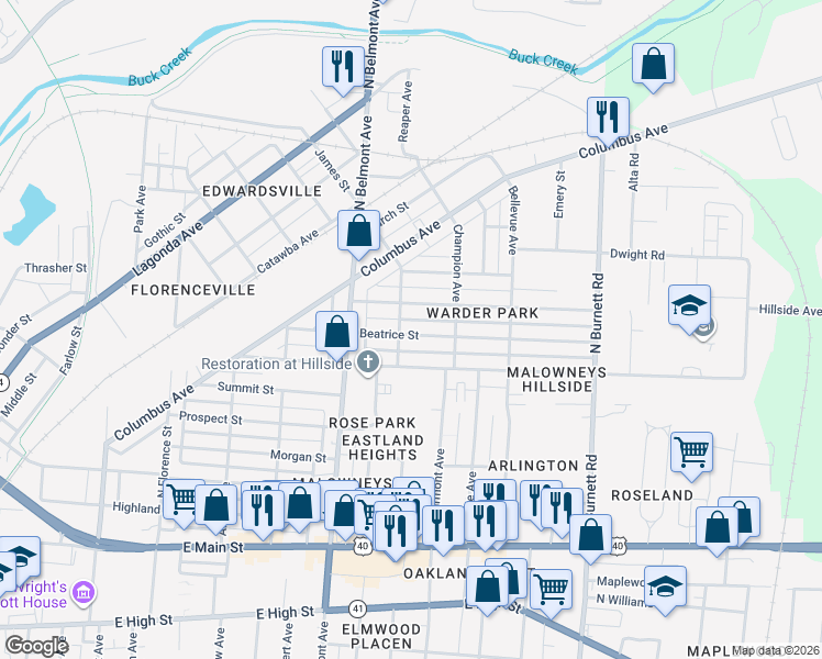 map of restaurants, bars, coffee shops, grocery stores, and more near 2110 Beatrice Street in Springfield