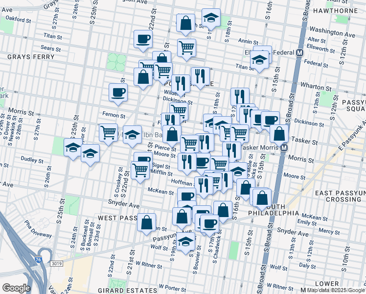 map of restaurants, bars, coffee shops, grocery stores, and more near 1922 Watkins Street in Philadelphia