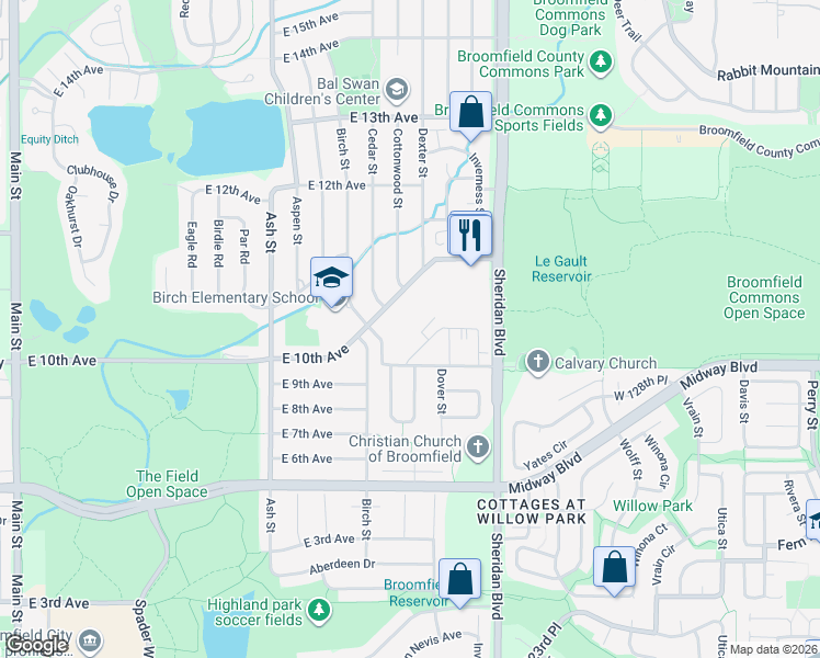 map of restaurants, bars, coffee shops, grocery stores, and more near 1000 East 10th Avenue in Broomfield
