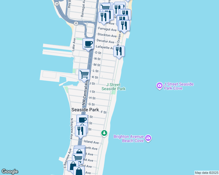 map of restaurants, bars, coffee shops, grocery stores, and more near 15 J Street in Seaside Park