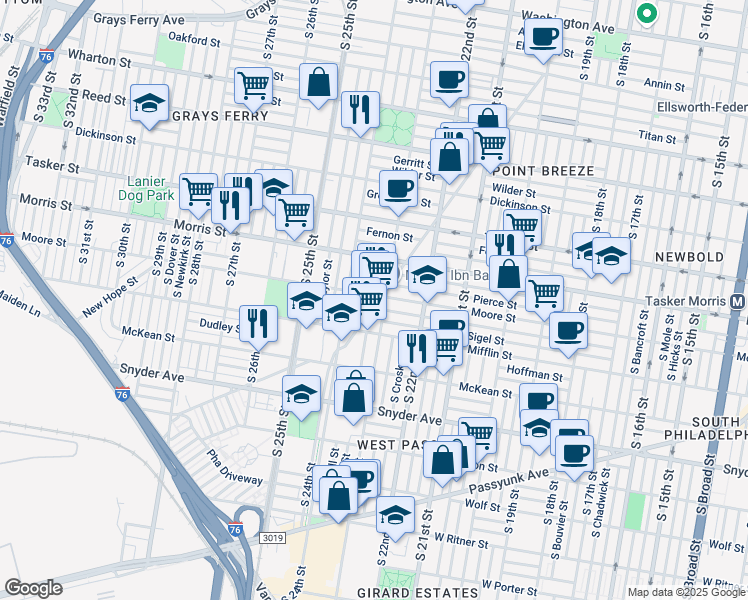 map of restaurants, bars, coffee shops, grocery stores, and more near 2328 Moore Street in Philadelphia