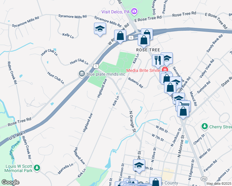 map of restaurants, bars, coffee shops, grocery stores, and more near 1031 Willowbrook Lane in Media