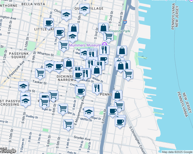 map of restaurants, bars, coffee shops, grocery stores, and more near 208 Gerritt Street in Philadelphia