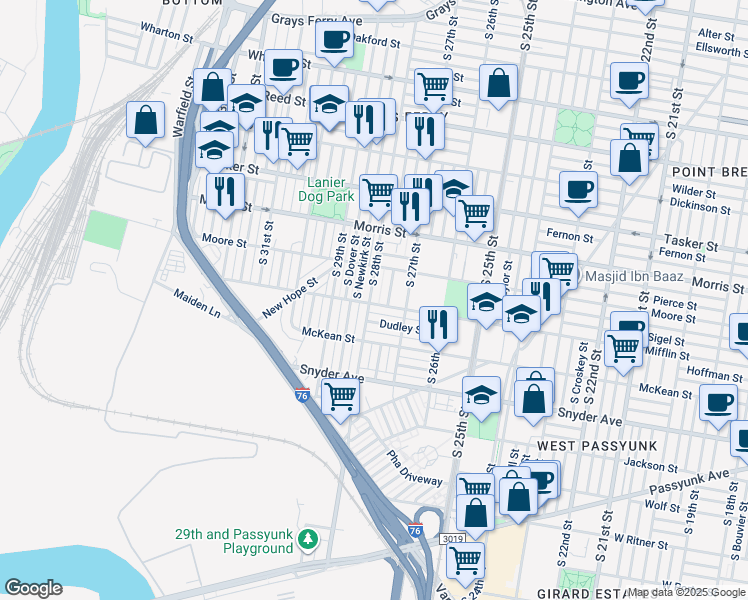 map of restaurants, bars, coffee shops, grocery stores, and more near 1841 South 28th Street in Philadelphia