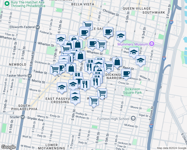 map of restaurants, bars, coffee shops, grocery stores, and more near 1515 South Franklin Street in Philadelphia
