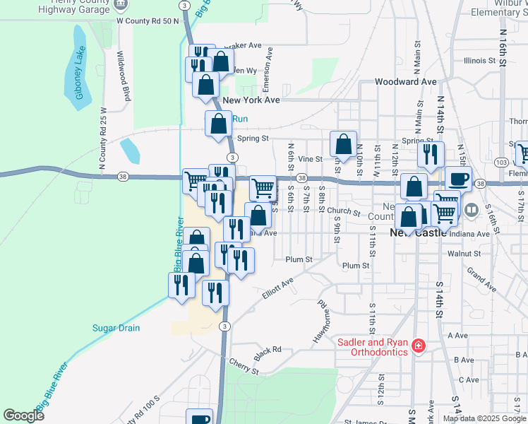 map of restaurants, bars, coffee shops, grocery stores, and more near 120 South Memorial Drive in New Castle
