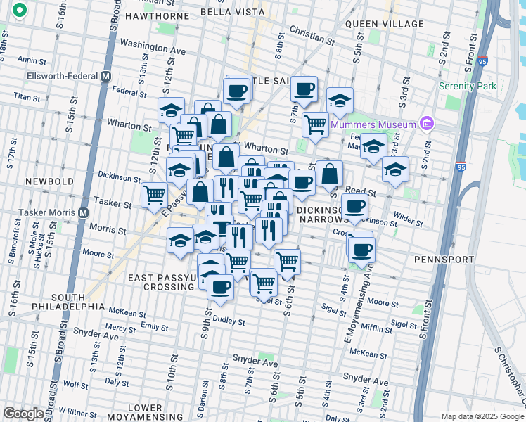 map of restaurants, bars, coffee shops, grocery stores, and more near 1515 South Franklin Street in Philadelphia