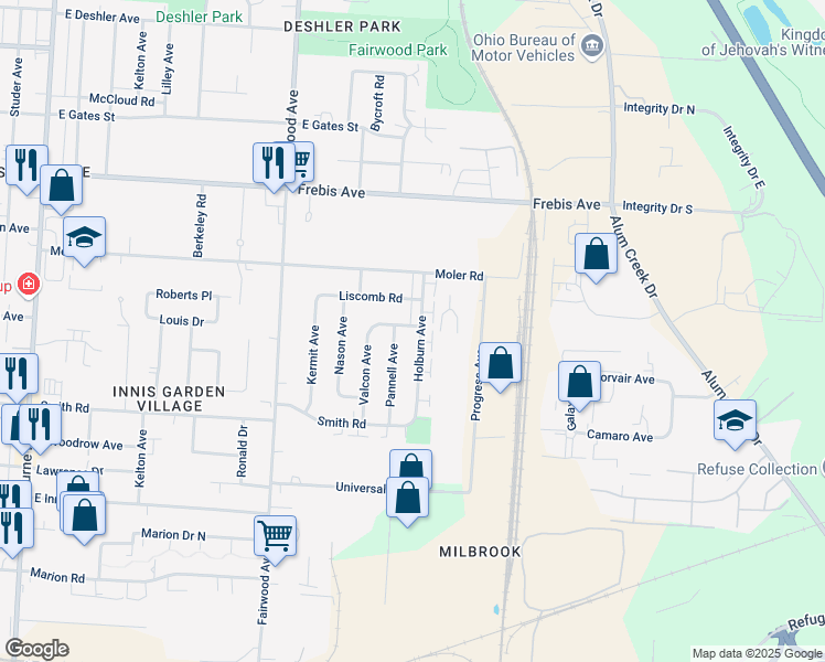 map of restaurants, bars, coffee shops, grocery stores, and more near 1817 Holburn Avenue in Columbus