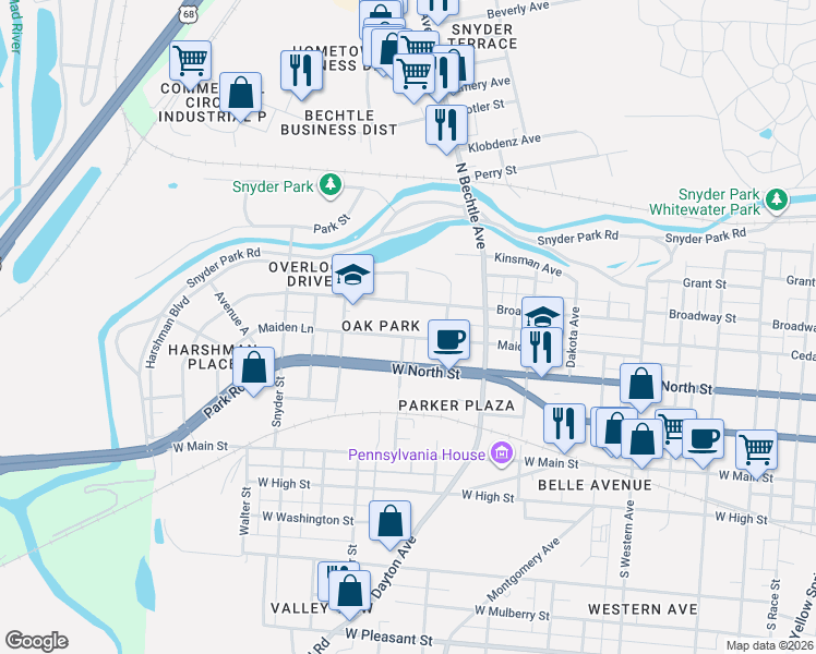 map of restaurants, bars, coffee shops, grocery stores, and more near 1544 Maiden Ln in Springfield