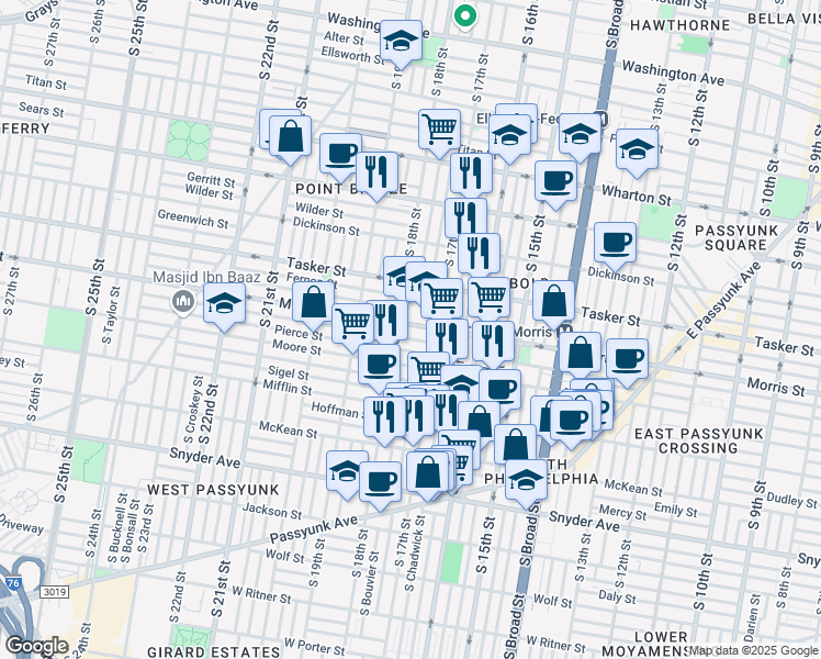 map of restaurants, bars, coffee shops, grocery stores, and more near 1734 Morris Street in Philadelphia