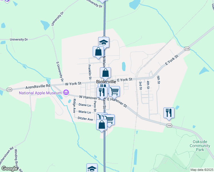 map of restaurants, bars, coffee shops, grocery stores, and more near 38 South Main Street in Biglerville