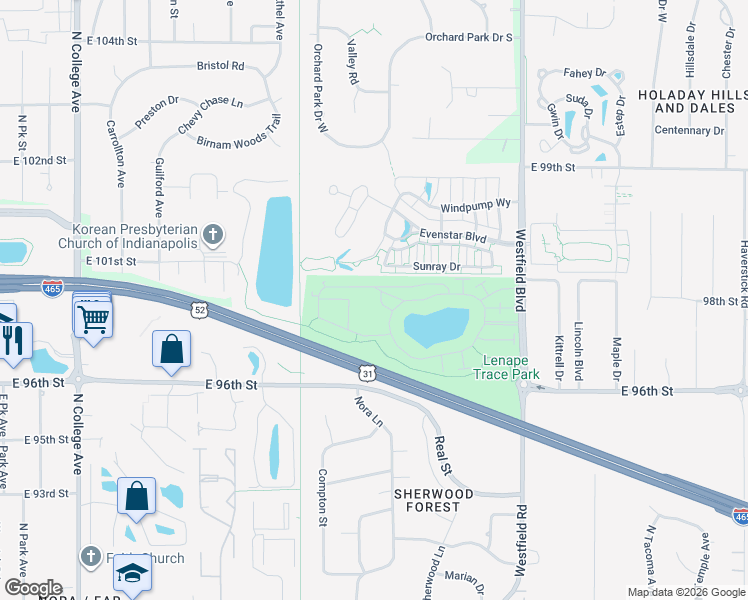 map of restaurants, bars, coffee shops, grocery stores, and more near 9710 Rialto Trail in Indianapolis