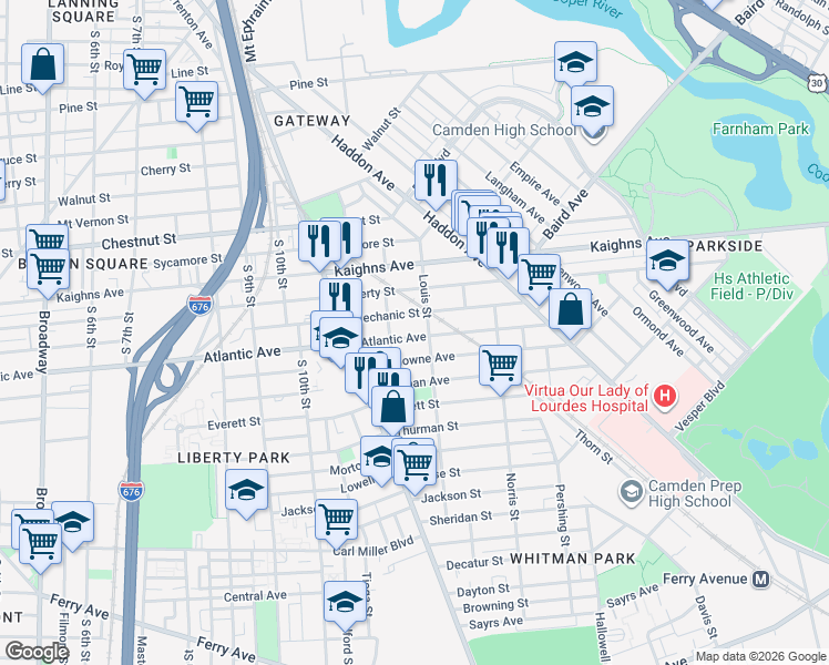 map of restaurants, bars, coffee shops, grocery stores, and more near 1181 Atlantic Avenue in Camden