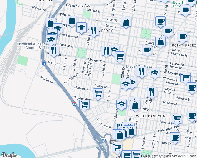 map of restaurants, bars, coffee shops, grocery stores, and more near 1835 South Etting Street in Philadelphia