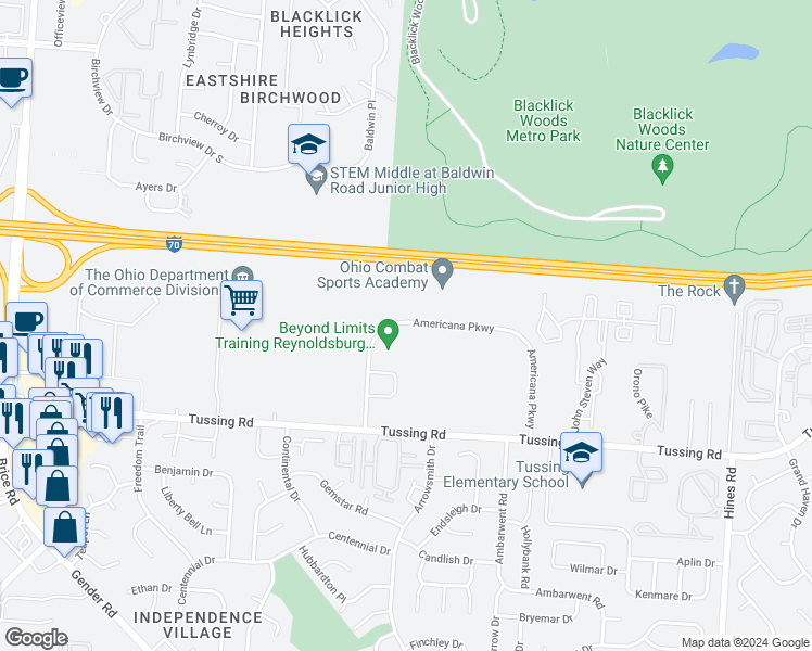 map of restaurants, bars, coffee shops, grocery stores, and more near 6927 Americana Parkway in Reynoldsburg