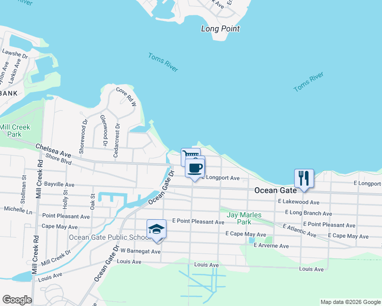 map of restaurants, bars, coffee shops, grocery stores, and more near 1 Ocean Gate Avenue in Ocean Gate