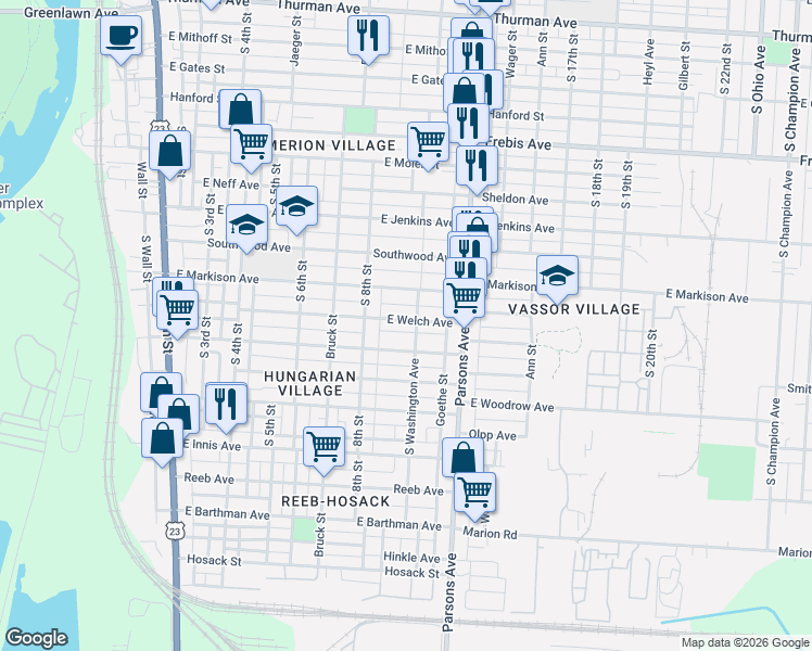 map of restaurants, bars, coffee shops, grocery stores, and more near 359 East Welch Avenue in Columbus