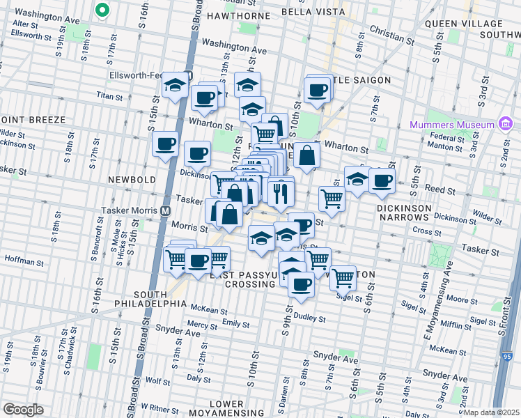 map of restaurants, bars, coffee shops, grocery stores, and more near 1033 Tasker Street in Philadelphia