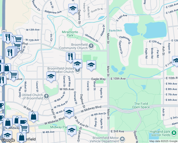 map of restaurants, bars, coffee shops, grocery stores, and more near 1 Eagle Way in Broomfield