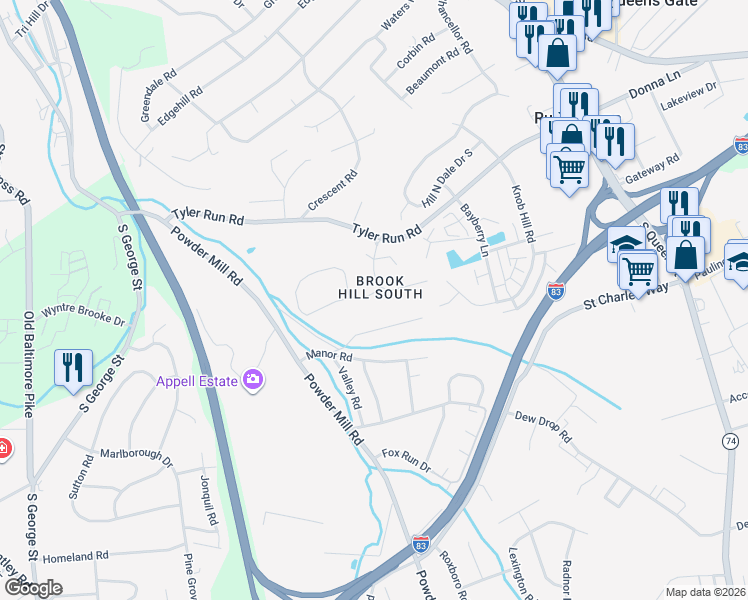 map of restaurants, bars, coffee shops, grocery stores, and more near 240 Brookwood Drive South in York